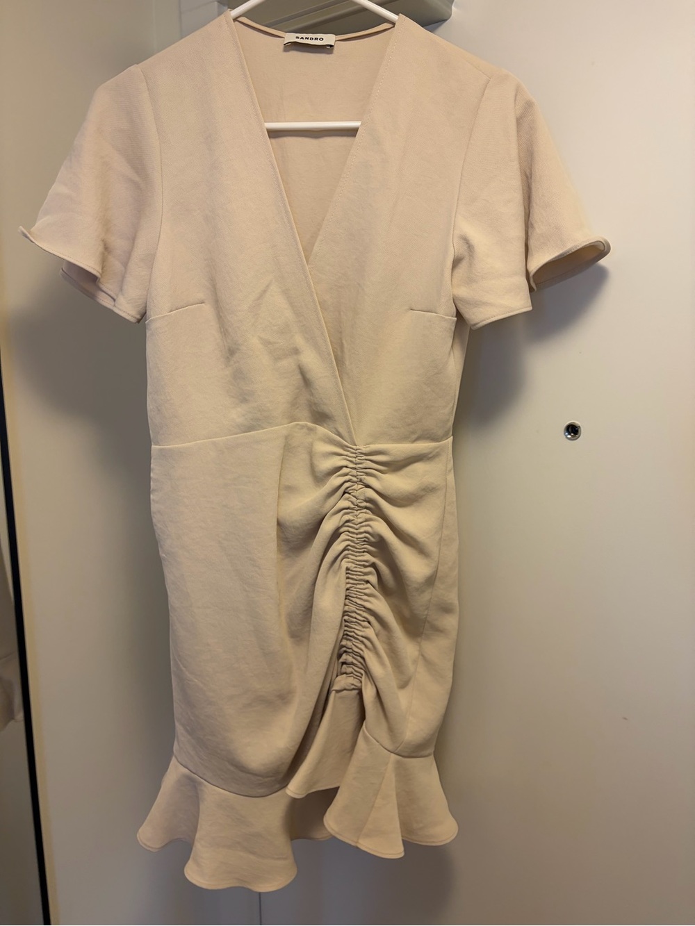 Sandro Cream Ruched V-Neck Mini Dress with Ruffle Hem